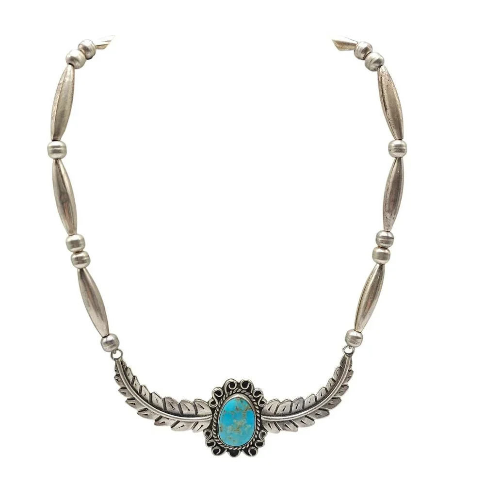 Vintage Navajo Sterling Silver Blue Turquoise Feather Necklace 16 Inches Long